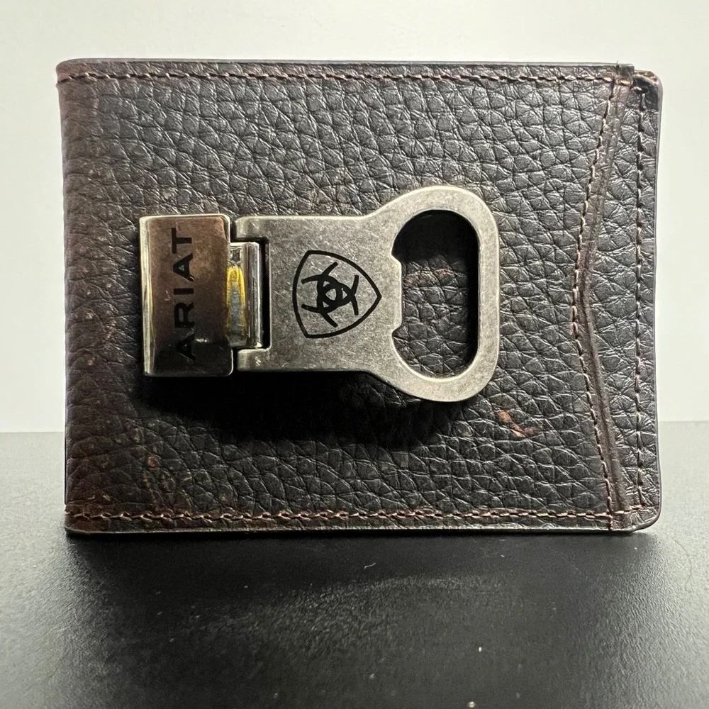 Ariat Mens Brown Top Grain Leather Bi-Fold Money Clip Wallet Bottle Opener NEW